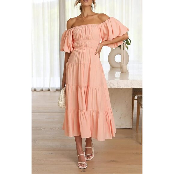Women’s Off-Shoulder Summer Dress Puff Sleeve Empire Waist A-Line Flowing Midi - Picture 3 of 6